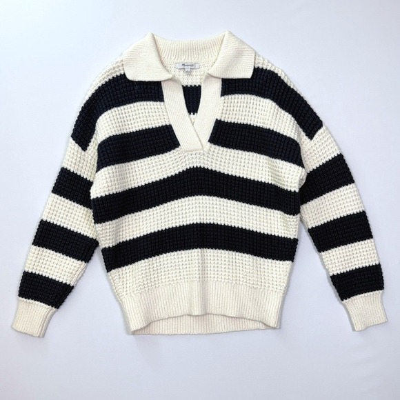 Madewell Sweaters - Madewell Striped Polo Sweater Navy Cream Size Small